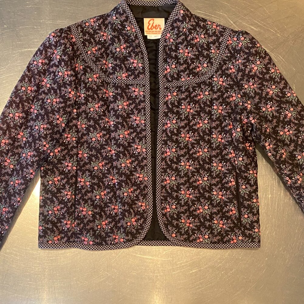 Vintage 70s Eber Black Floral Quilted Coat | Black with Flowers | Little House